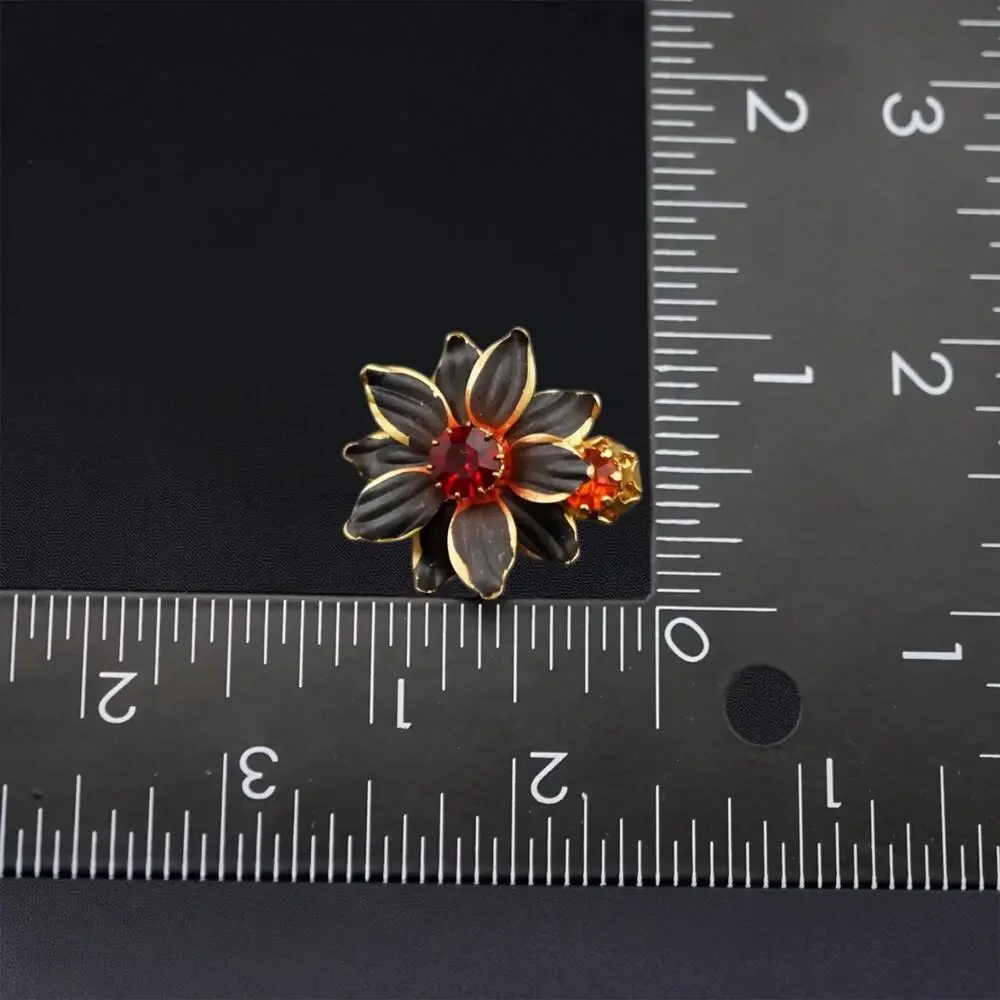 Vintage Floral Rhinestone Brooch & Earrings‎ Set Gold Tone Red Black Austria